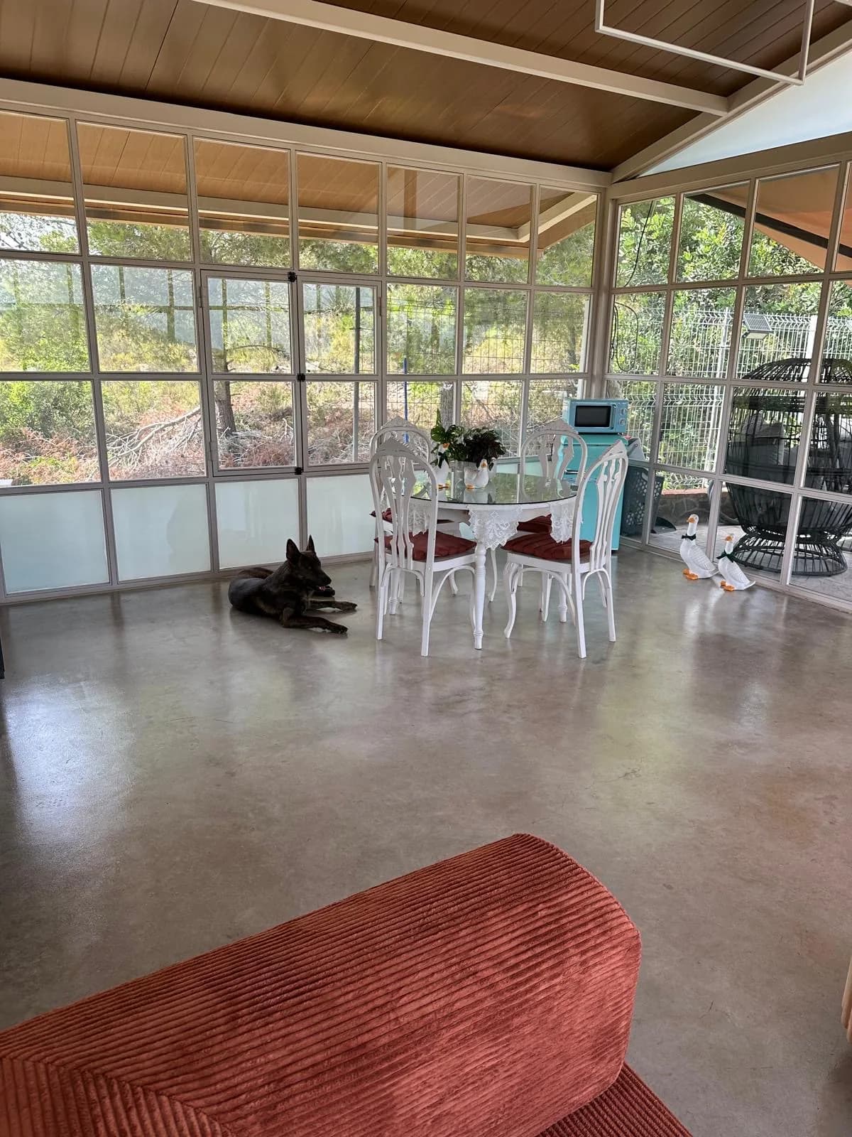 Salón comedor acristalado con vistas al jardín